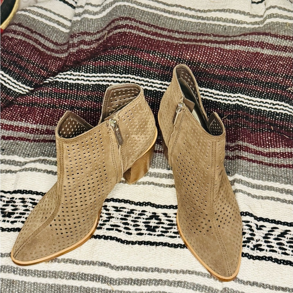 1. State Perforated Suede Ankle Booties in Tan